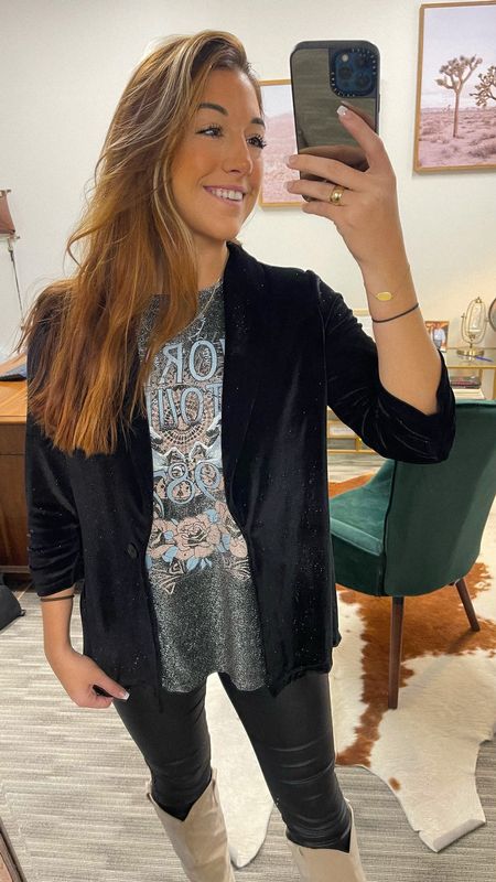 I bring out this glitter blazer every holiday season! The glitter is woven to the fabric so it doesn’t shed.. Same with this glitter metallic tshirt from Altar’d state! Wearing a small in both 😍🫶🏻  office work outfit but make it sparkle ✨ 

#LTKworkwear #LTKSeasonal #LTKHoliday