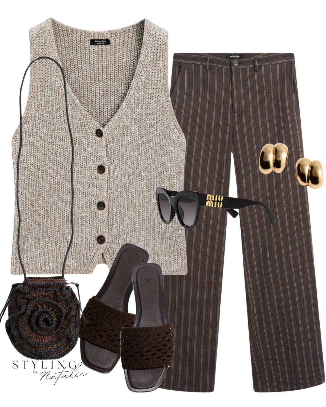 Knit vest waistcoat, stripe trousers, braided crochet sandals, flower appliqué bag, Miu Miu sunglasses and gold earrings.
Brown outfit, neutral outfit, knitwear, button up vest, wide leg pants, slides, casual chic, summer outfit, spring outfit, stripes, Massimo Dutti. 

#LTKstyletip #LTKspring #LTKeurope