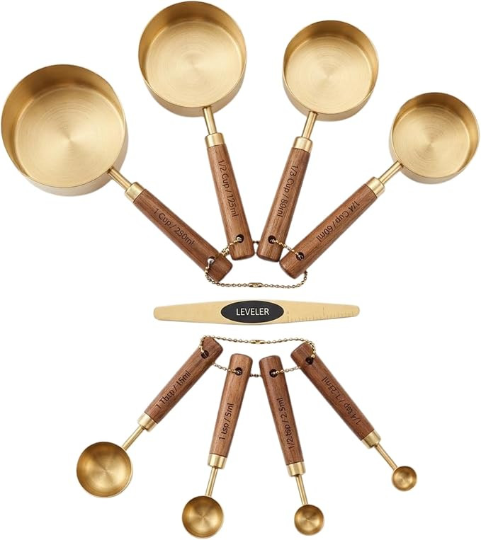 Gold Measuring Cups and Spoons Set with Leveler - 9 Piece Luxury Acacia Wood & Stainless Steel - ... | Amazon (US)