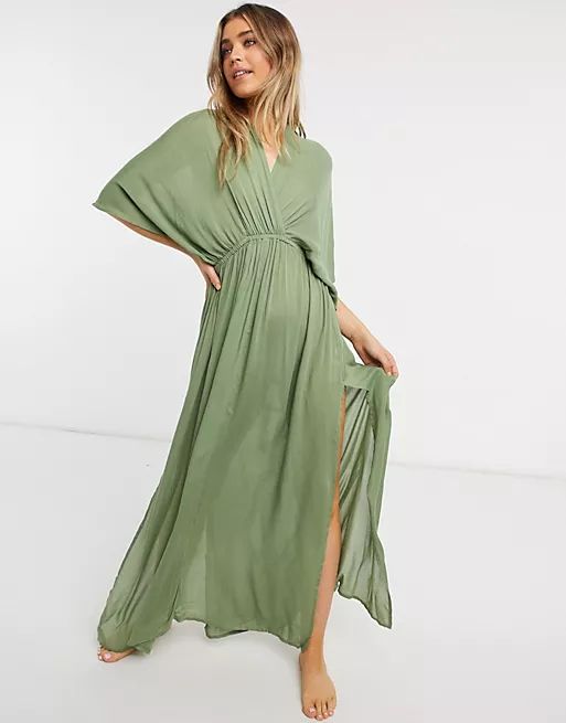 ASOS DESIGN drape maxi beach dress in khaki | ASOS (Global)