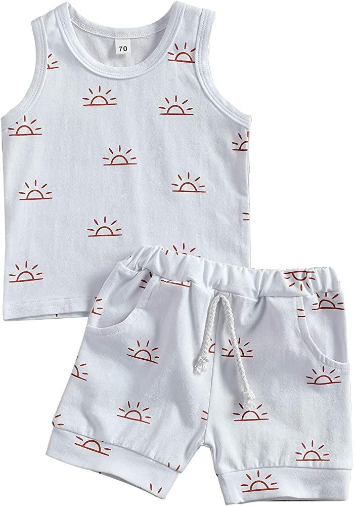 Newborn Baby Girl boy Summer Infant Clothes Sleeveless Sun Print Casual Tank Tops and Shorts Dail... | Amazon (US)