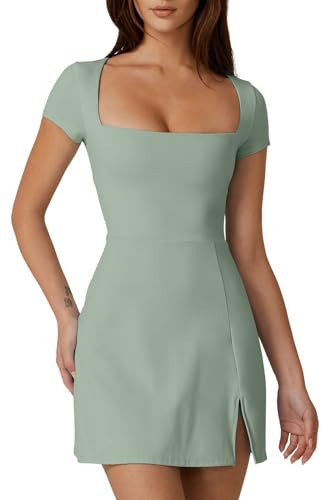 QINSEN Workout Dress for Women Square Neck Short Sleeve Golf Athletic Dress Built in Shorts Tennis Dress with Pockets Smoke Green XL | Amazon (US)