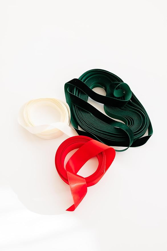 3 Roll Set Premium Christmas Ribbon, Minimal Holiday Gift Wrapping, 60 Yards, Green Velvet, Red S... | Amazon (US)