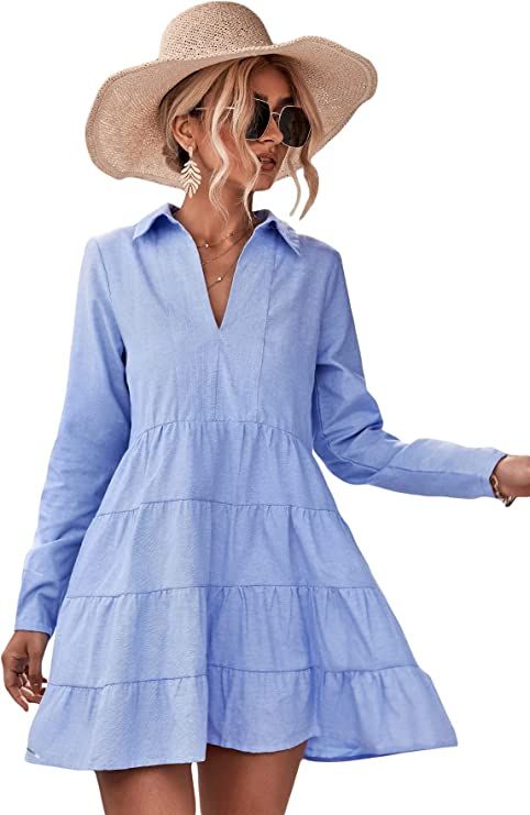 WDIRARA Women's Long Sleeve Collar Flounce Ruffle Hem Flowy Swing Shirt Dress | Amazon (US)
