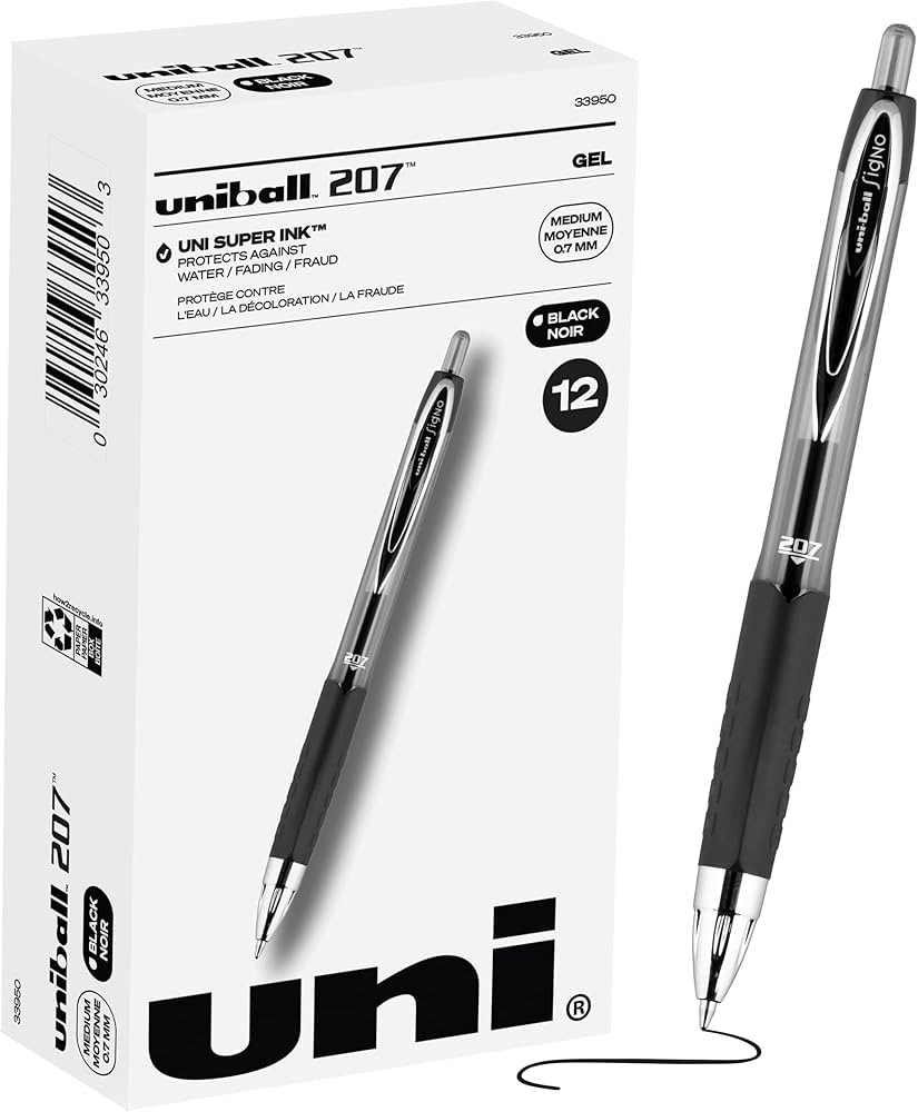 Uniball Signo 207 Gel Pens 12 Pack, 0.7mm Medium Black Pens, Ink Pens | Office Supplies Sold by a... | Amazon (US)