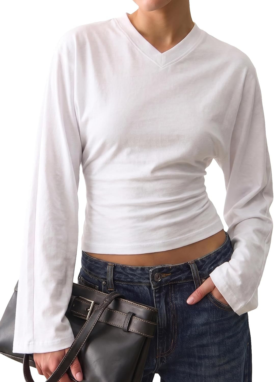 Cioatin Women High V Neck Cinched Waist Crop Tops Minimalist Long Batwing Sleeve Tshirt Blouse Y2K Clean Fall Going Out Shirt | Amazon (US)