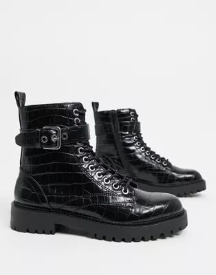 Pimkie moc croc chunky sole ankle boots in black | ASOS (Global)