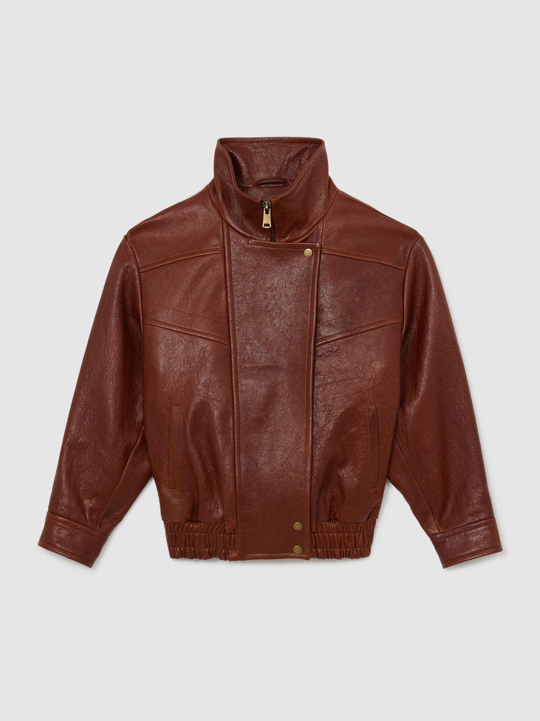 Reiss Textured Leather Oversized Jacket in Chestnut Brown - REISS | Reiss UK