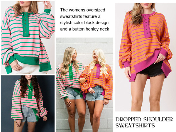 Tankaneo Womens Oversized Striped Sweatshirts Henley Shirts Color Block Casual Pullover Waffle Kn... | Amazon (US)