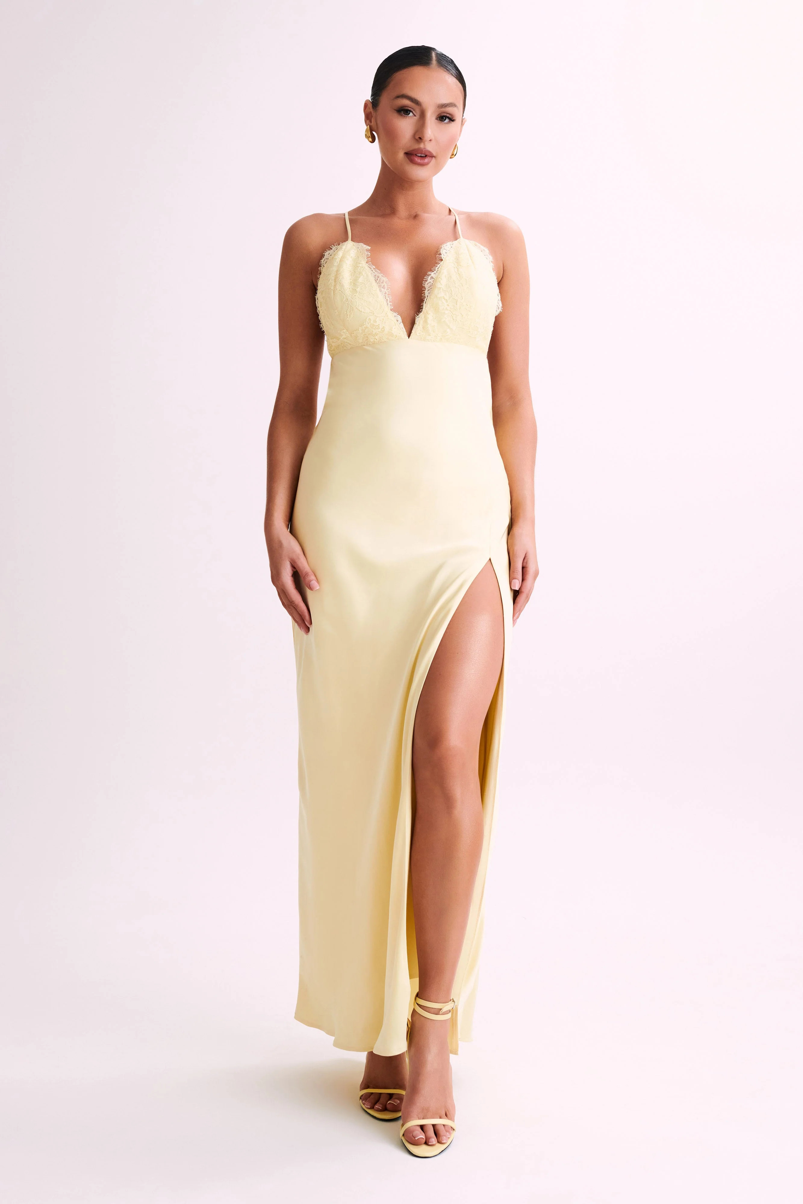Gina Satin Slip Maxi Dress With Lace - Lemon | MESHKI US