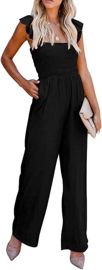 BLENCOT Womens Ruffle Spaghetti Straps High Waisted Long Wide Leg Jumpsuits Rompers S-XXL | Amazon (US)