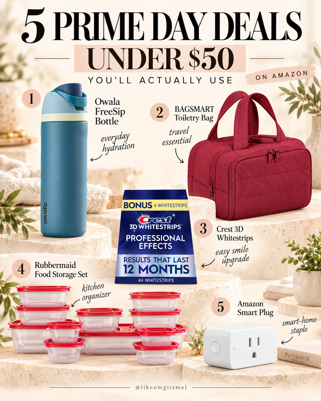 These are the Prime Day deals I’d click on FIRST 👀 — all under $50, actually useful, and exactly the kind of everyday favorites worth checking before they sell out or the price changes.

Prime Big Deal Days are Oct. 6–7 🛒

5 Prime Day Deals Under $50 to Watch:
💧 Owala FreeSip Bottle — everyday hydration favorite
✈️ @Bagsmart Toiletry Bag — such a good travel organizer
✨ Crest 3D Whitestrips Professional Effects — easy at-home smile upgrade
🍱 Rubbermaid Food Storage Set — practical kitchen organization you’ll use constantly
🏠 Amazon Smart Plug — an inexpensive way to make everyday devices smarter

Add the ones you want to your cart or wishlist now, then price-check them when Prime Big Deal Days start Oct. 6. 👀

📌 Save this for Amazon Prime Day deals under $50!

Everything is Linked! ↓

#LTKHome #LTKSaleAlert #LTKTravel
