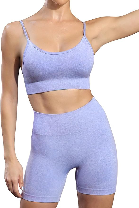Seamless Workout Sets for Women 2 Piece Outfits High Waist Yoga Shorts Adjustable Padded Sports B... | Amazon (US)