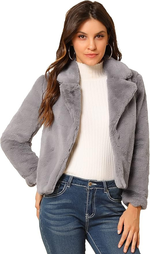 Allegra K Women's Cropped Faux Fur Jacket Lapel Cardigan Shrug 2024 Winter Fluffy Faux Fur Coat | Amazon (US)
