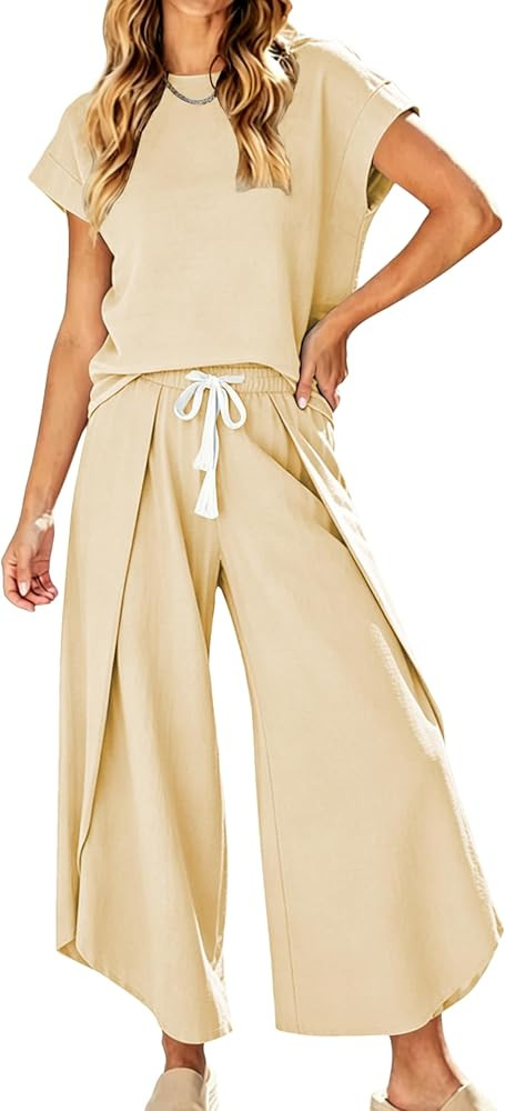 Women's 2 Piece Outfits Cap Sleeve Top Open Leg Pants Matching Set Summer Vacation Outfits | Amazon (US)