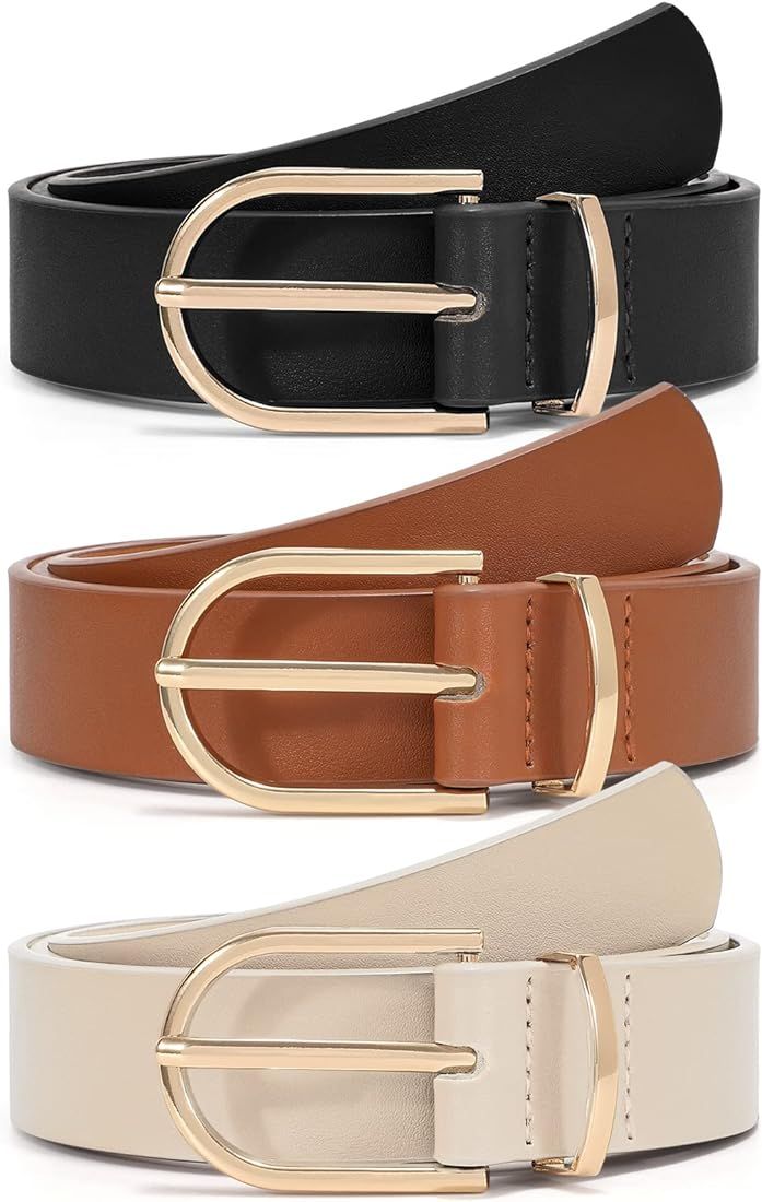 VONMELLI 3 Pack Women's Leather Belts for Jeans Pants Fashion Gold Buckle Ladies Dress Belt | Amazon (US)