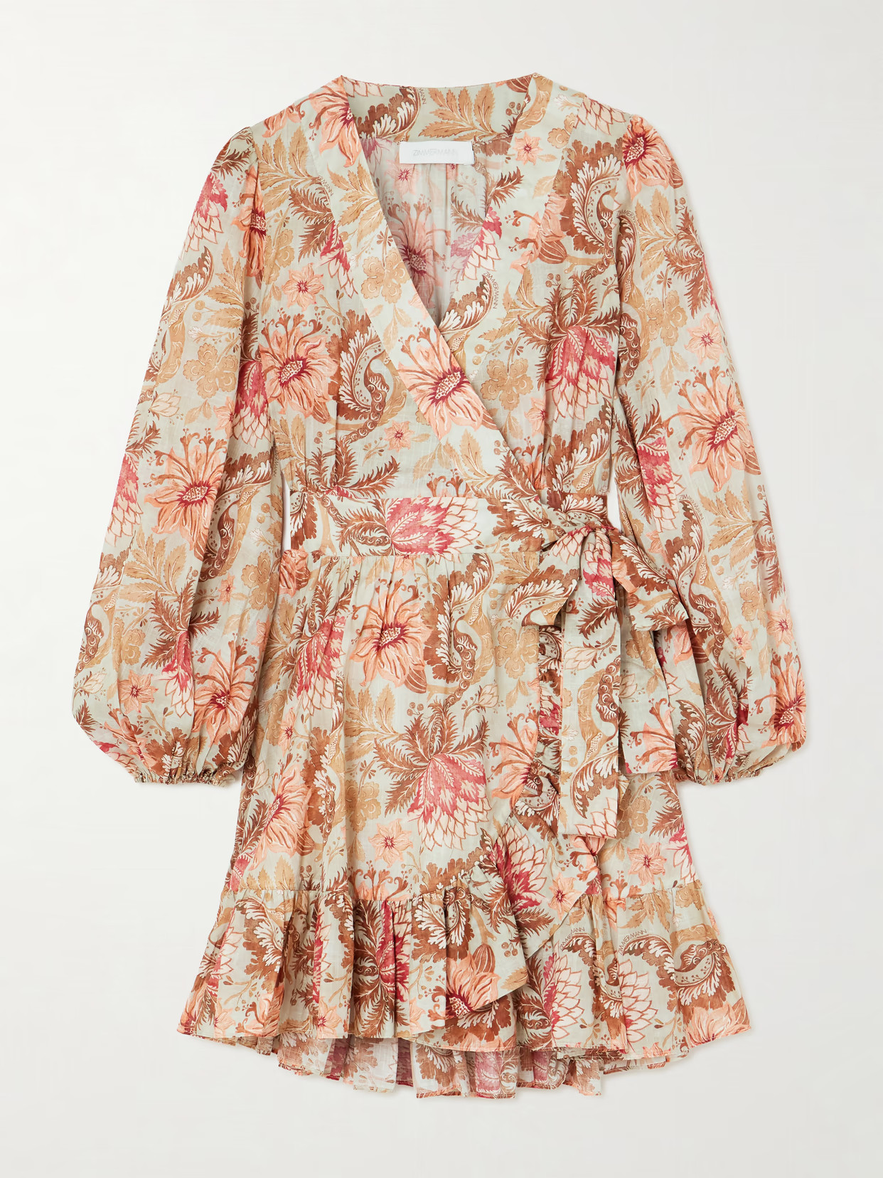 Zimmermann - Daylight Ruffled Printed Cotton Mini Wrap Dress - Pink | NET-A-PORTER (US)