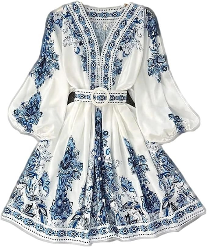 Boho Women's Dress Summer Dresses Casual V Neck Long Sleeve A-line Dress Button Connection | Amazon (US)