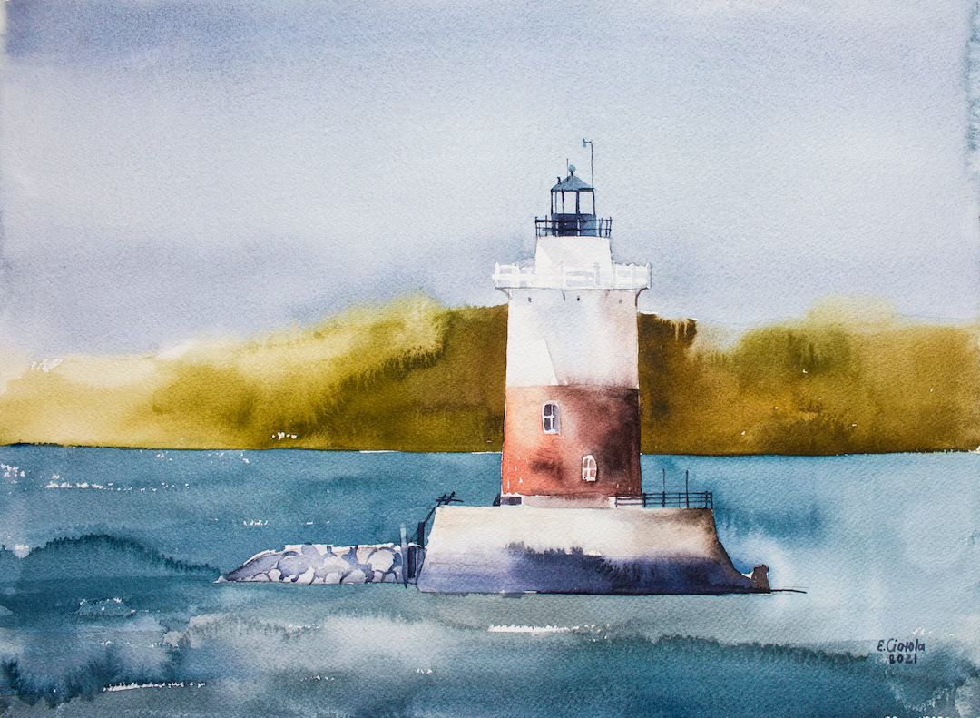 Lighthouse Painting Original Art Seascape Watercolor Coastal Artwork Robins Reef Lighthouse in Ne... | Etsy (US)