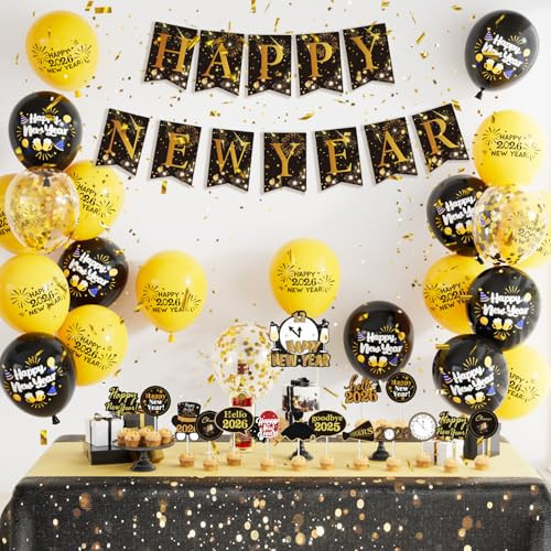 Happy New Year Party Decorations, Black & Gold Balloons, Happy New Year Banner, Cupcake Toppers, New Years Eve Decorations 2026 for Countdown, Apartment, Office,Intimate Family Gathering | Amazon (US)