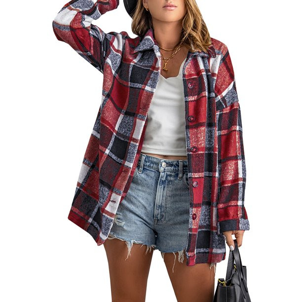 Rosfancy Women Flannel Plaid Shacket Shirts Jacket Long Sleeve Button Down Lapel Collar Coats, S-... | Walmart (US)
