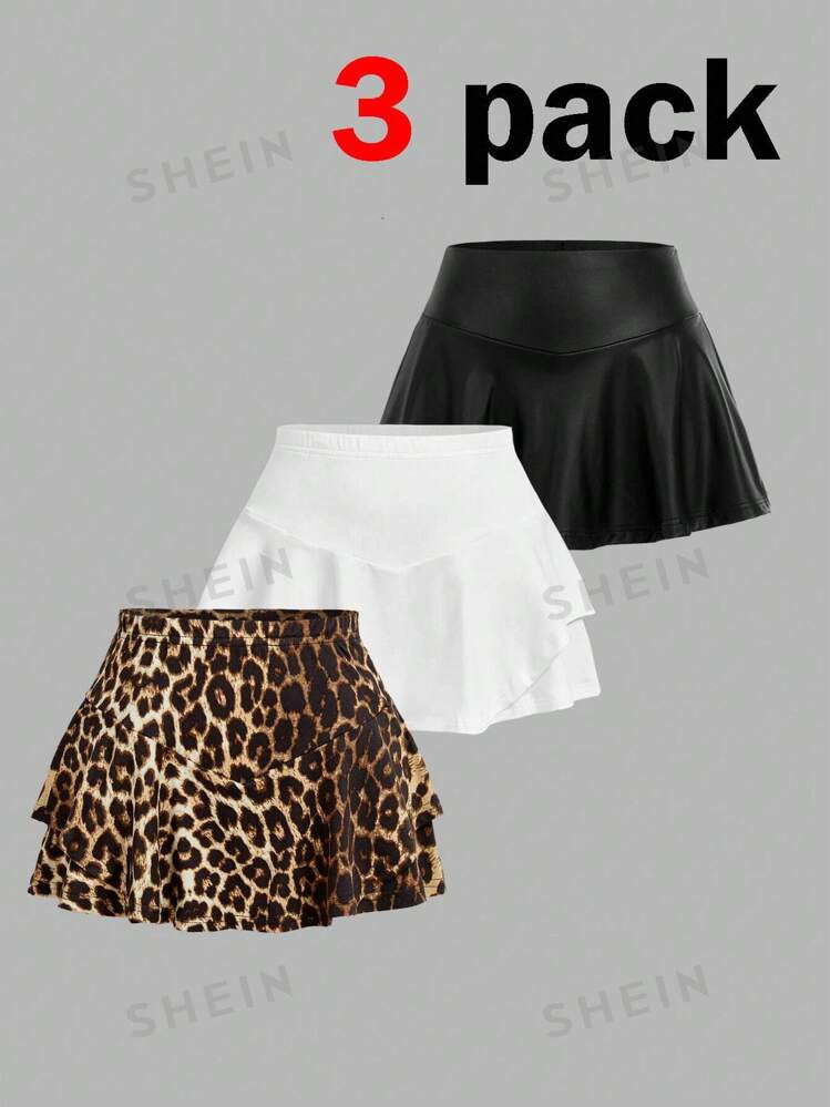 SHEIN EZwear SHEIN EZwear 3-Pcs Women's Solid Leather Leopard Print Layered Culottes Set | SHEIN