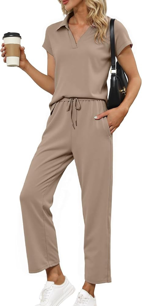 Glamaker Womens 2 Piece Summer Outfit Lounge Set Cap Sleeve Polo Top And Pant Set Tracksuit Trave... | Amazon (US)