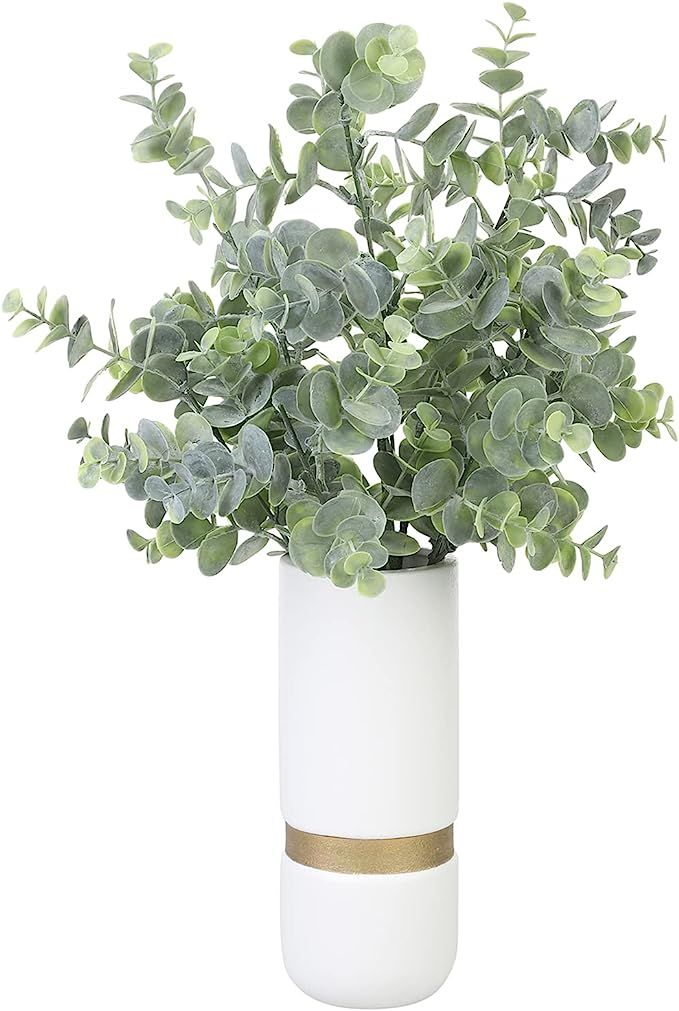MyGift Faux Eucalyptus Plant Arrangement with Vintage White Ceramic Vase with Brass Accent, Decor... | Amazon (US)