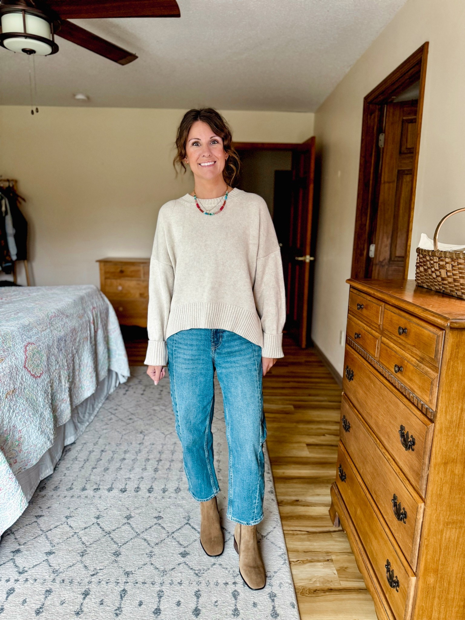 Wearing size small in my sweater, 0 short in my barrel jeans, and 6 1/2 in my boots ( I also linked similar more affordable boots). My necklace is from Sela designs, and I also linked some similar ones.

#LTKSeasonal #LTKFindsUnder100 #LTKPetite