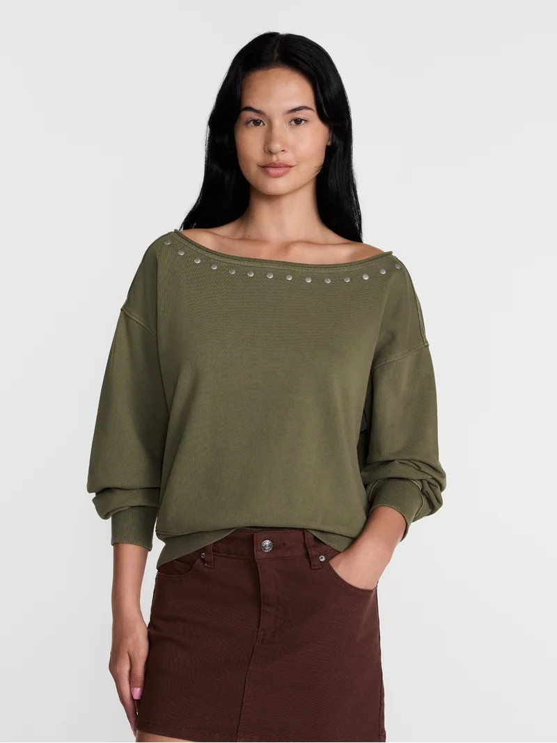 Madden NYC Women's Studded Off The Shoulder French Terry Sweatshirt, Sizes XXS-XXL | Walmart (US)