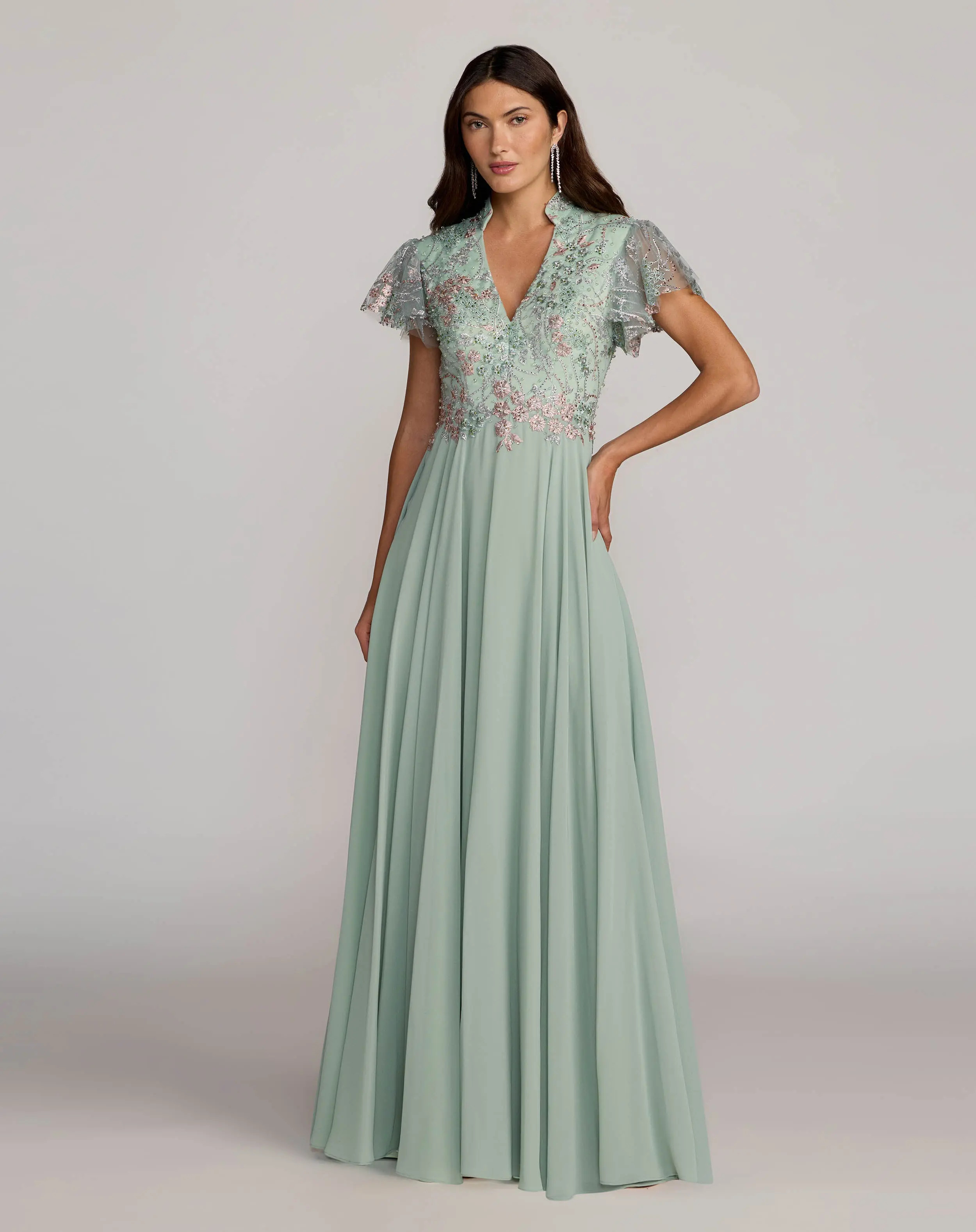Green Embroidered Flutter Sleeve V Neck Gown | Mac Duggal | Mac Duggal