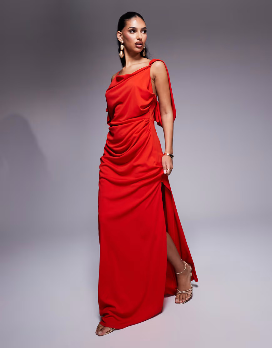 ASOS DESIGN premium slinky cowl neck maxi dress in red | ASOS (Global)
