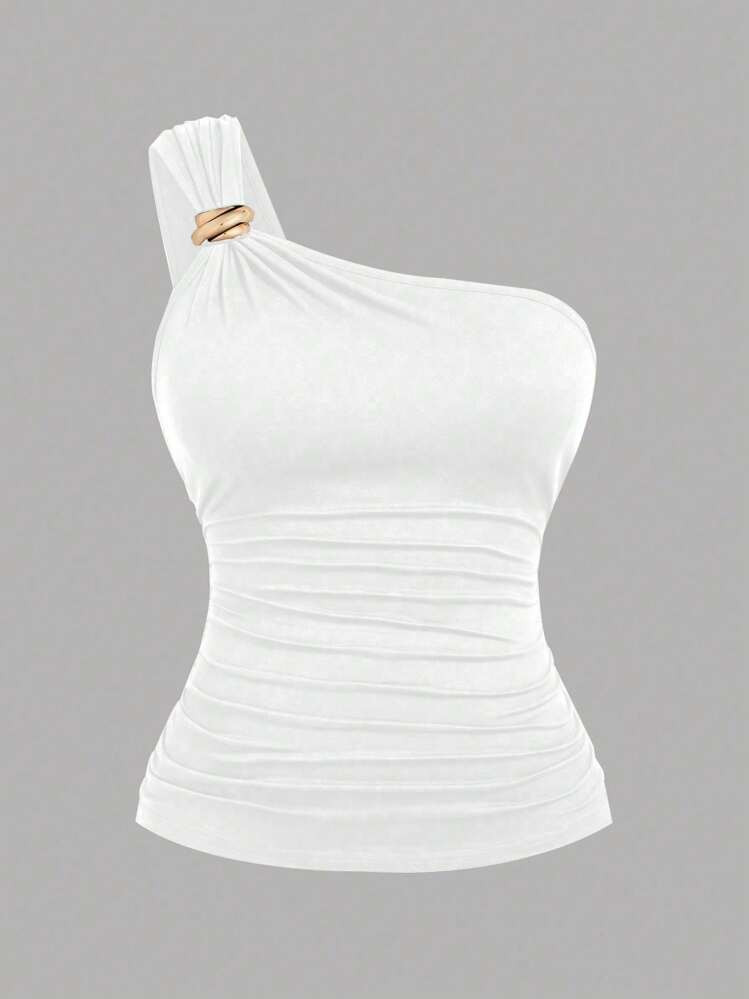 DreamSkyne Women Plus Size Elegant One Shoulder Fitted Black Metal Decor Buttoned Blouse | SHEIN