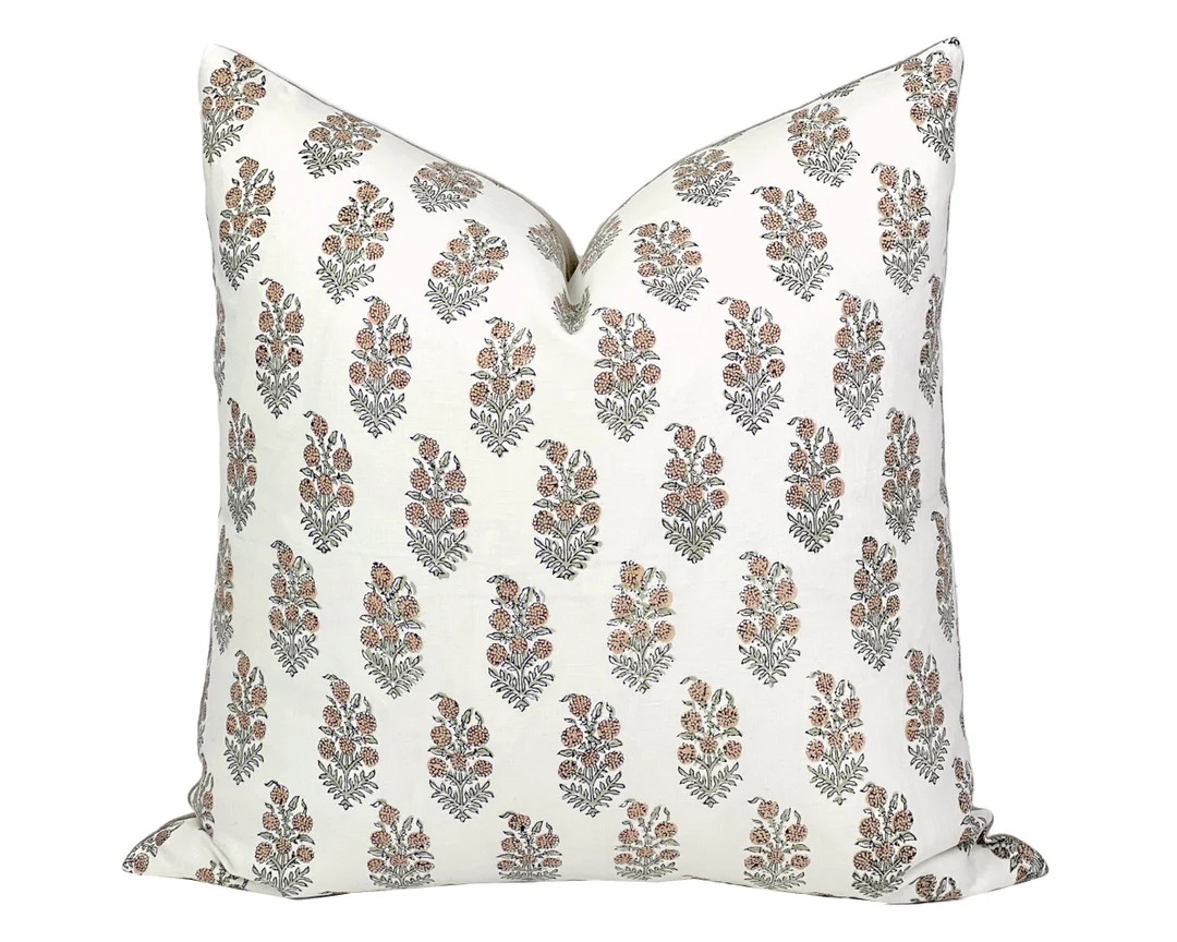 JASMINE | Designer Blush Floral Linen Pillow Cover, Block Print Pillow, Farmhouse Pillow, Blush F... | Etsy (CAD)