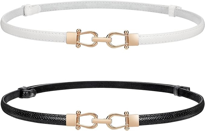 WERFORU Women 2 Pack Skinny Belt for Dress,Thin Waist Belt - Adjustable Leather Belt with Gold Bu... | Amazon (US)