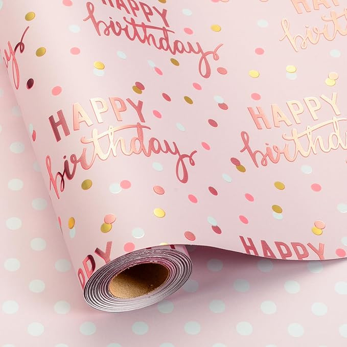MAYPLUSS Reversible Pink Birthday Wrapping Paper Roll, Girl Gift Wrapping Paper, Metallic Foil Ha... | Amazon (US)