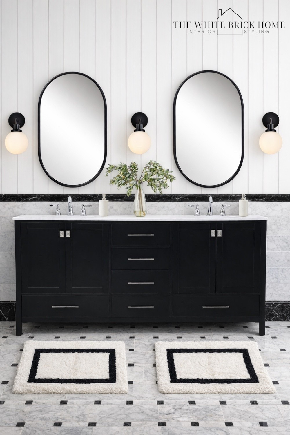 A timeless bathroom with modern accents that balance the crisp white ship lap and rich black cabinetry for a high end look that feels fresh. 

Bath, bathroom, bathroom vanity, bathroom decor, bathroom ideas, bathroom cabinet, vanity, bathroom mat, bathroom accessories, wall sconces, mirror, bathroom mirror, bathroom design, black and white bathroom, bathroom ideas, primary bathroom design. Bathroom decor, home decor, home design, bathroom accessories, Wayfair, pottery barn 

#LTKSeasonal #LTKFindsUnder100 #LTKHome