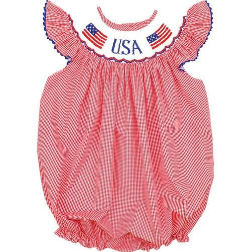 Red Gingham Smocked USA Girls Bubble - Shipping Late June | Cecil and Lou
