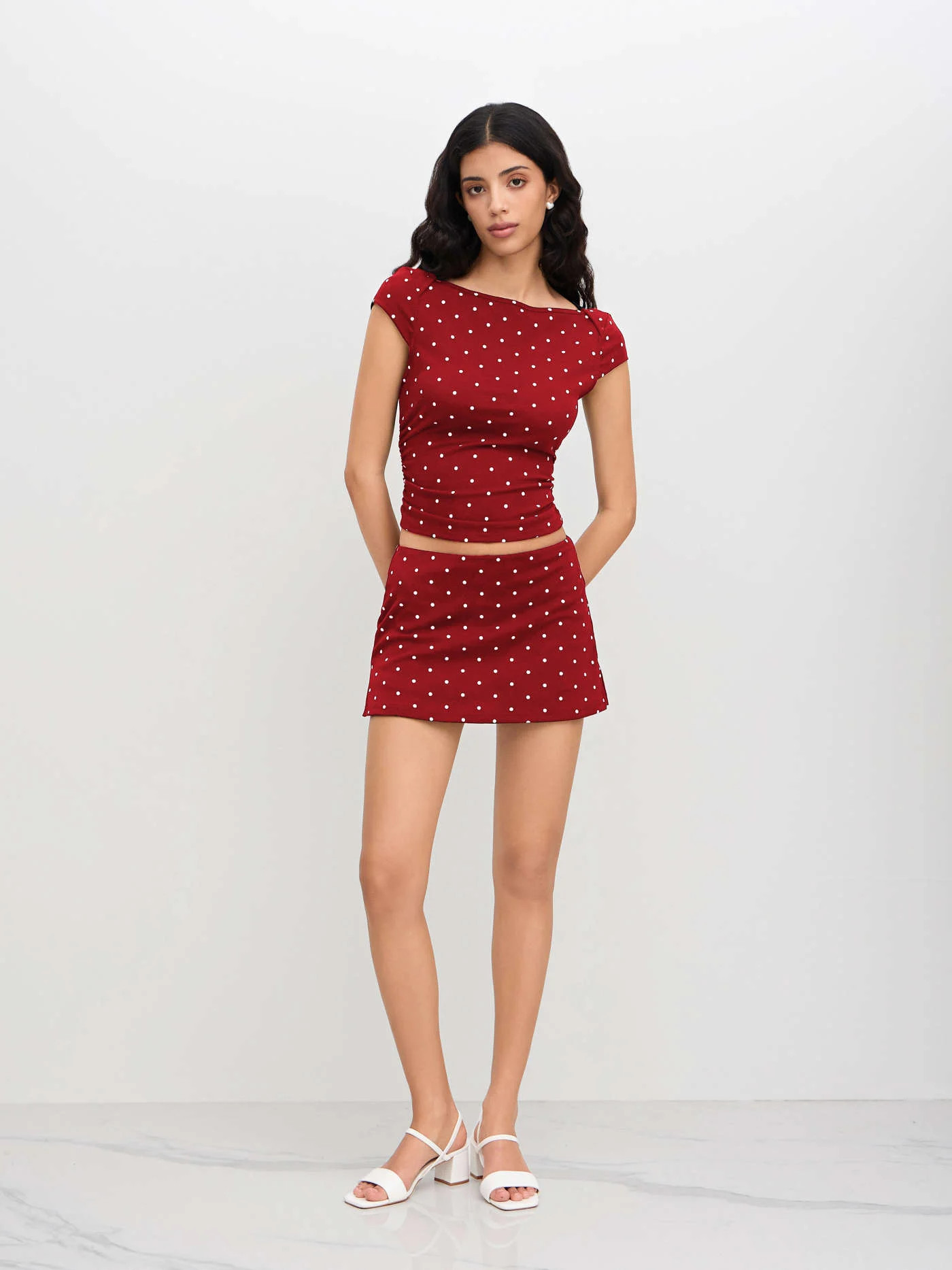 Cotton-blend Boat Neck Polka Dot Ruched Tee & Mini Skort | Cider