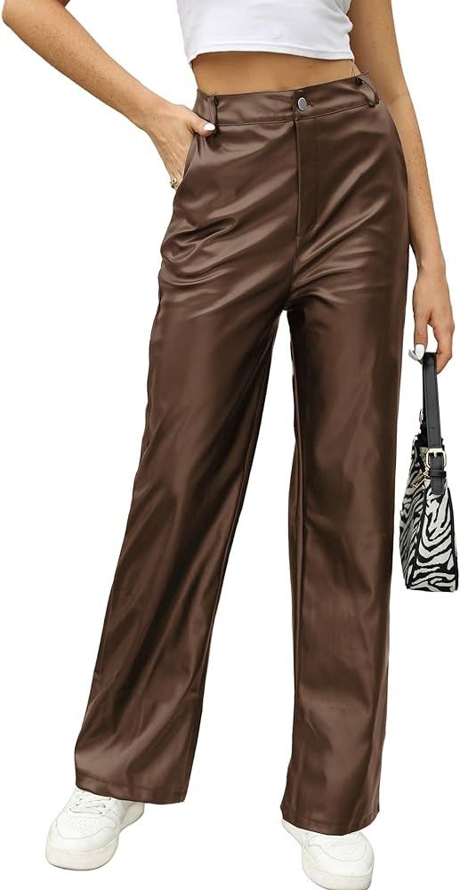 Keevoom Wide Leg Leather Pants for Women, Womens High Rise Straight Baggy Relaxed Fit Faux Leathe... | Amazon (US)