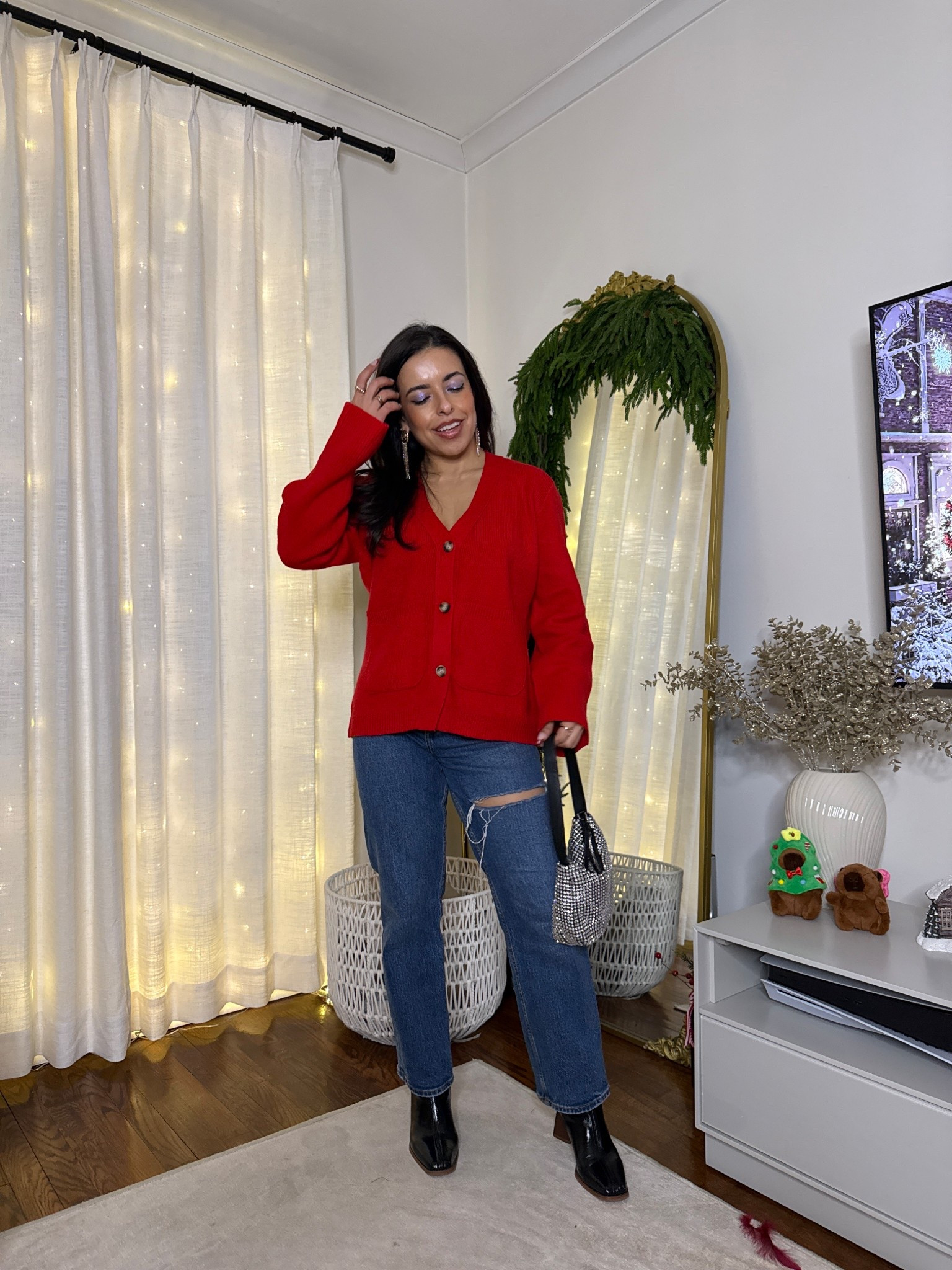 Winter outfit idea. Red sweater cardigan from Amazon. Petite friendly

#LTKFindsUnder100 #LTKPetite #LTKSeasonal