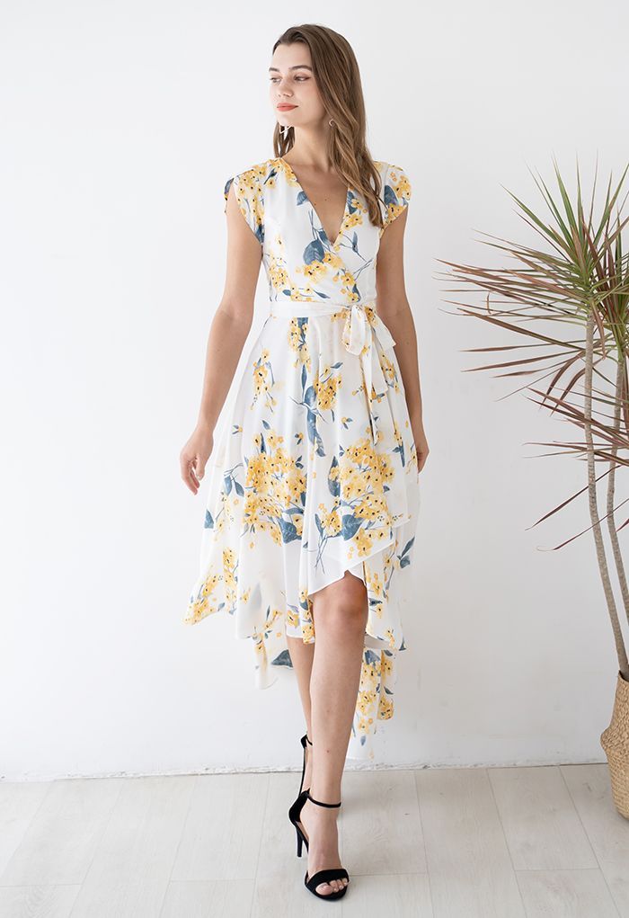Yellow Floral Wrap Asymmetric Sleeveless Dress | Chicwish