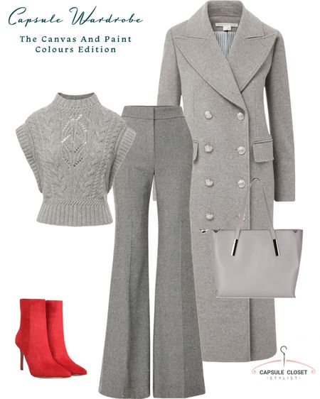 Neutral canvas colours with a hit of bright paint colours works every time. #greywideleg #greyflares #greycoat #greyknitwear #redboots 

#LTKGiftGuide #LTKHoliday #LTKstyletip