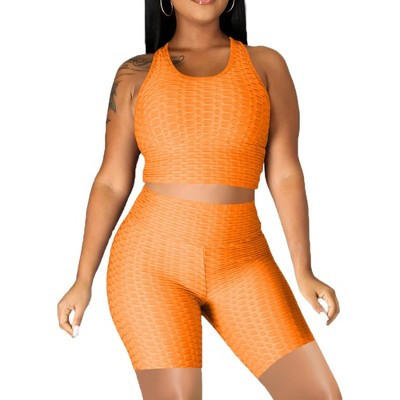 Anna-Kaci Active Women's Seamless Yoga Workout Set for Stretchy 2 Piece Outfits Raceback Crop Top High Waist Gym Shorts- Small ,Orange | Target