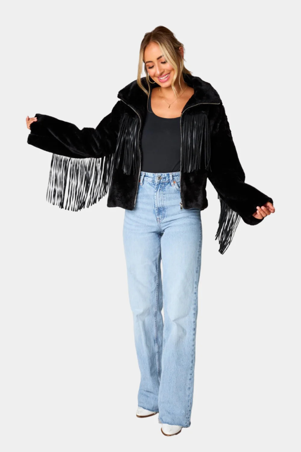 BuddyLove | Skylar Fringe Faux Fur Jacket | Black | BuddyLove