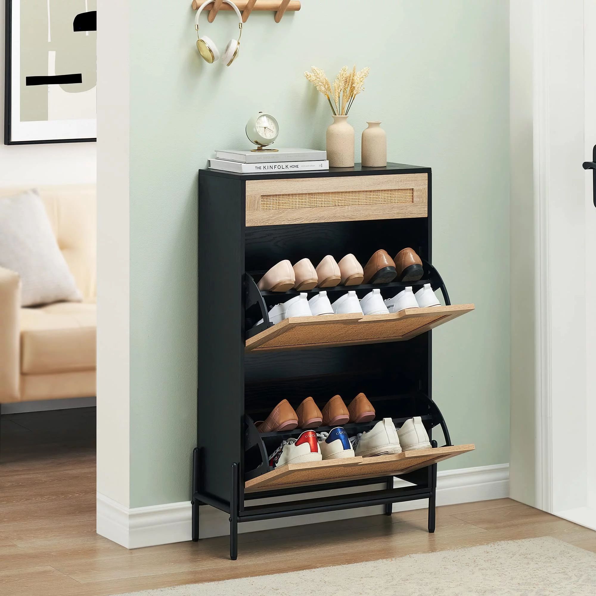 Natural Rattan 2 Flip Door Shoe Cabinet with 1 Drawer, Shoe Rack Storage Organizer for Sneakers, ... | Walmart (US)