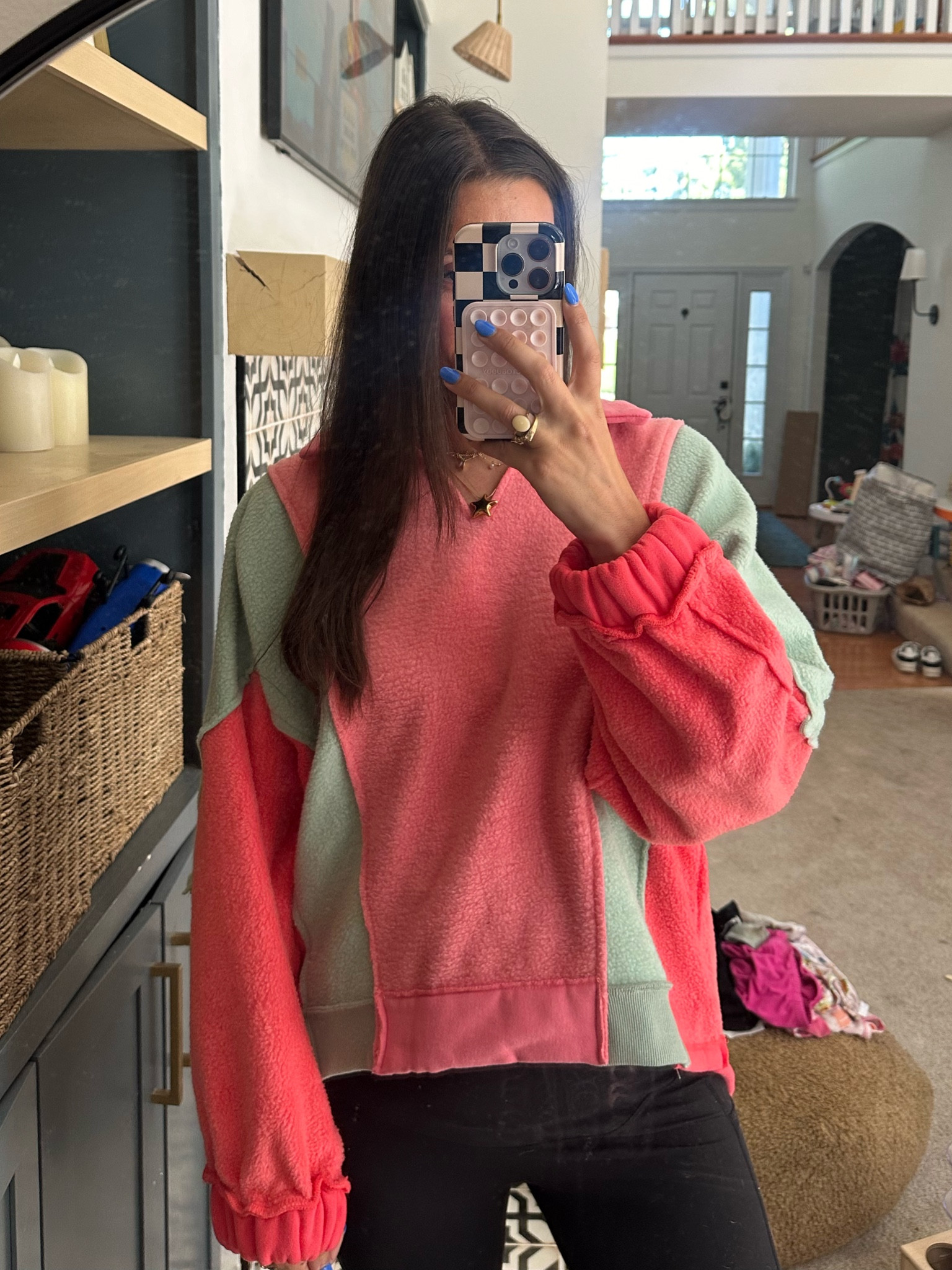 free people look for less pullover! 

I’m in a large! 5’7” and 6-8