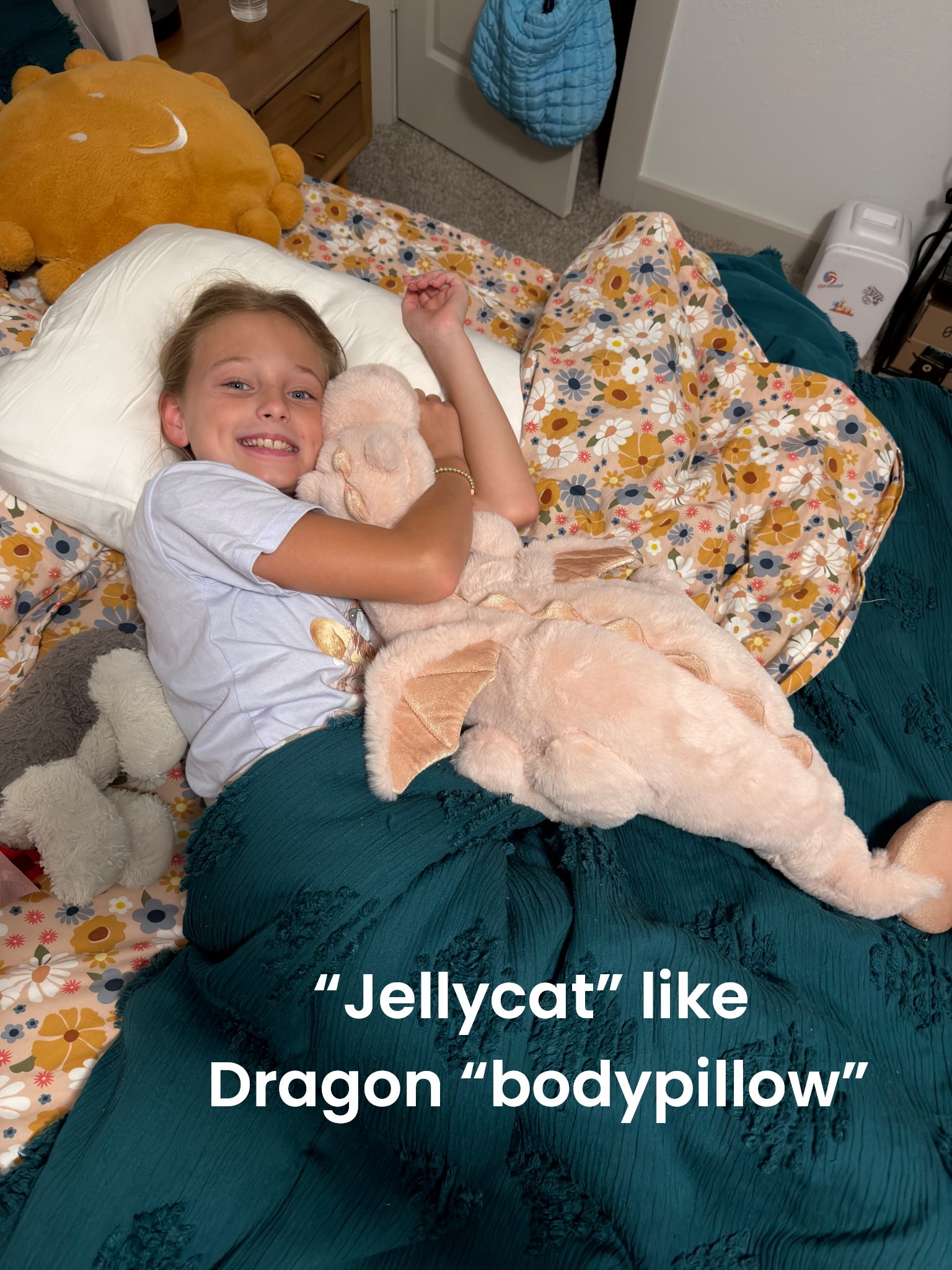 Great birthday present for a 11yr old! Amazon “jellycat” Dragon pillow. Comes in 5-6 different colors, so the quints each got a different color! 
No mixing up whose is whose 🤗
