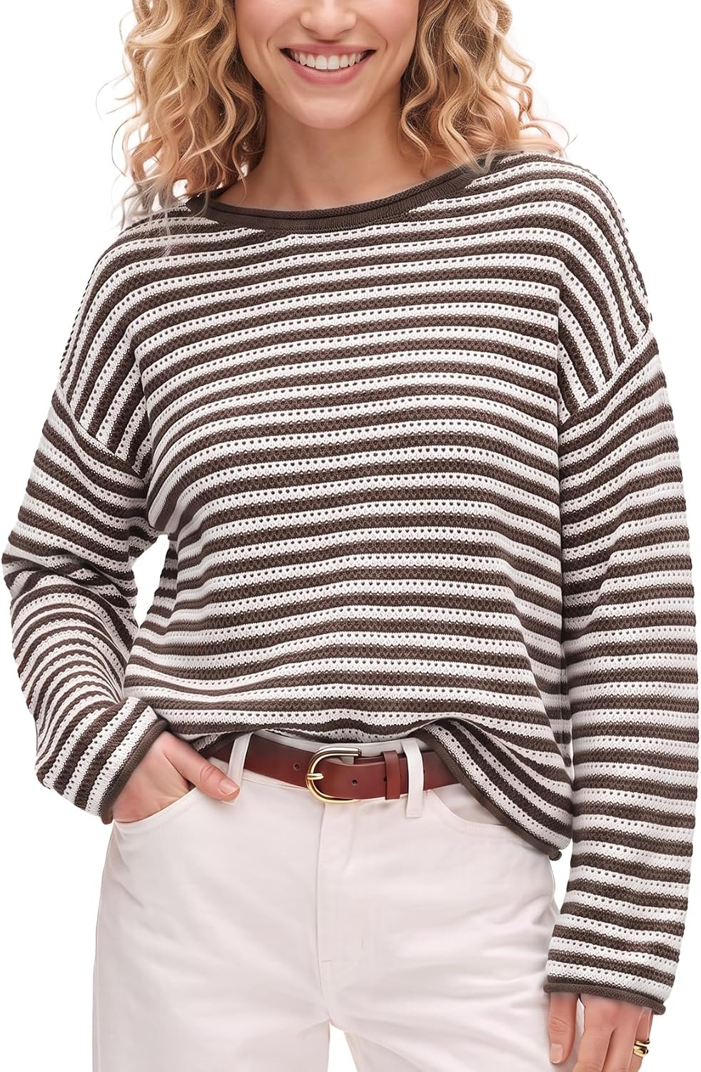 Yimoon Boatneck Striped Sweater Women Cable Knit Pullover Tops | Amazon (US)
