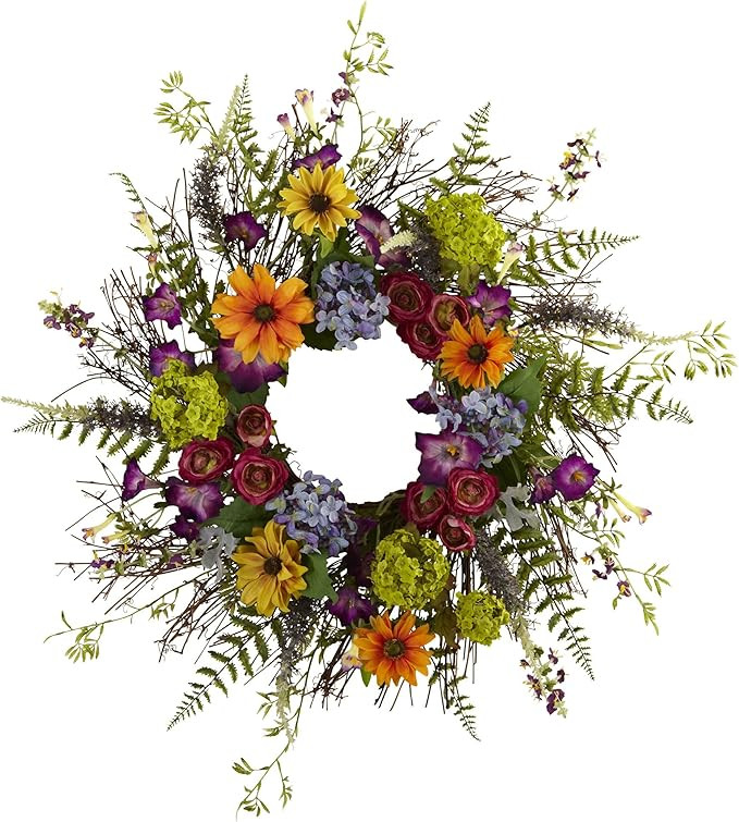 Nearly Natural 24-Inch Spring Garden Wreath with Twig Base, Multicolored/Green | Amazon (US)